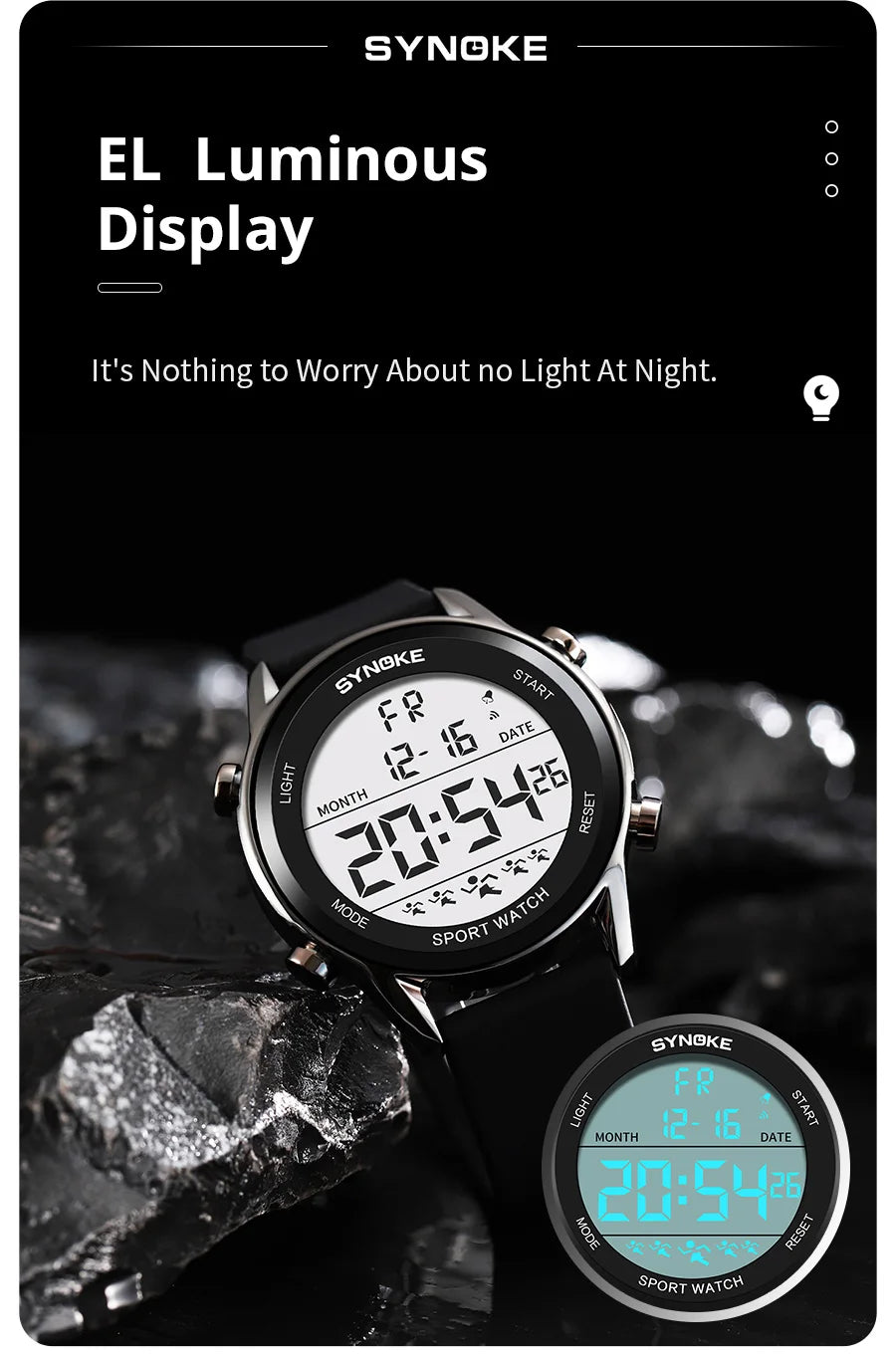 SYNOKE Men Outdoor Sports Multifunctional Waterproof Large Screen Display Luminous LED Digital For Men Fashion Silicon Watch