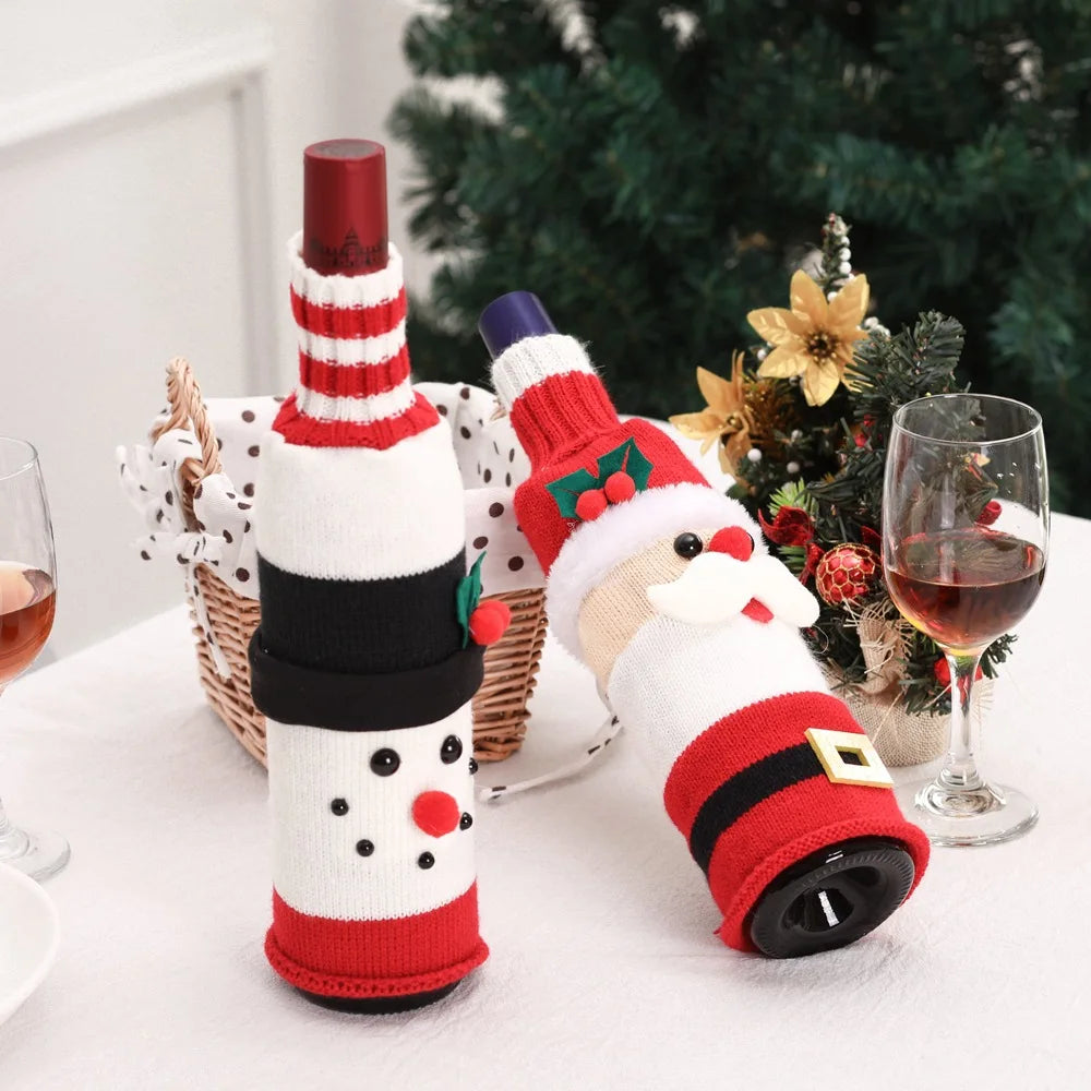 2024 Christmas Knitted Wool Red Wine Bottle Cover Ornament Table Dress Up Home Christmas Decor Hotel Restaurant Festivals Decor