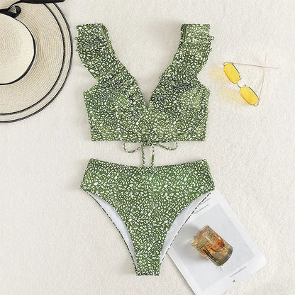 Solid Color Sexy V-neck Ruffle Bikini 2026 Women 2 Piece Swimwear Push Up Padded High Waist Swimsuit Summer Beach Bathing Suit