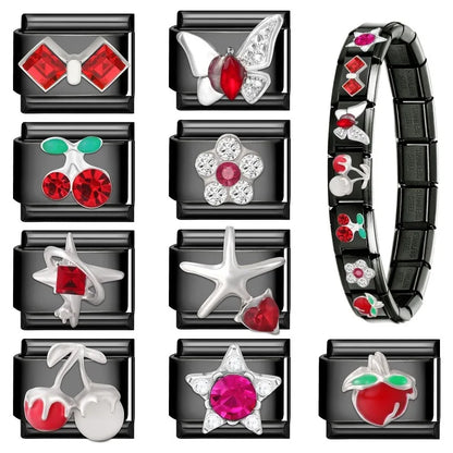2025 New Original Black Red Stars Love Heart Bows Flower Italian Charm Link Fit 9mm Stainless Steel Jewelry DIY Making Bracelets