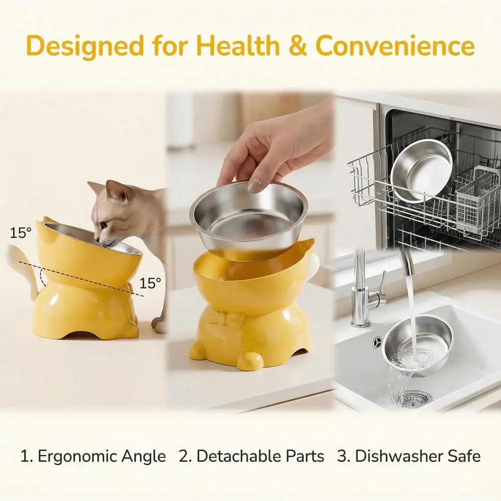 Elevated Stainless Steel Cat Bowl, Inclined Food & Water Dish with Cute Ear Stand, Neck Protection Design for Cats