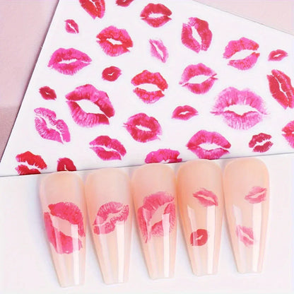 Fantasy Heart & Kiss Print Nail Art Stickers - Self-Adhesive, Matte Finish Decals for Easy DIY Manicures, Single Use