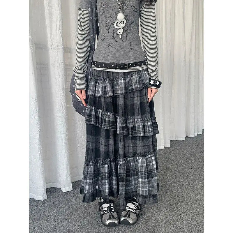 Y2k Vintage Long Skirts Plaid Ruffles Patchwork Harajuku Casual Loose Cake Skite Punk Gothic Streetwear All Match Women Clothing