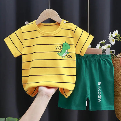 Summer Casual Baby Set Dinosaur Style Stripe T-shirt+Shorts 2Pcs Clothes for Boys Girls Soft Cotton Infant Outfit