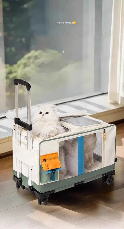 Extra Large Cat Carrier with Wheels - Foldable Pet Stroller for 2 Cats, Breathable Dog Travel Backpack Trolley Pushcart