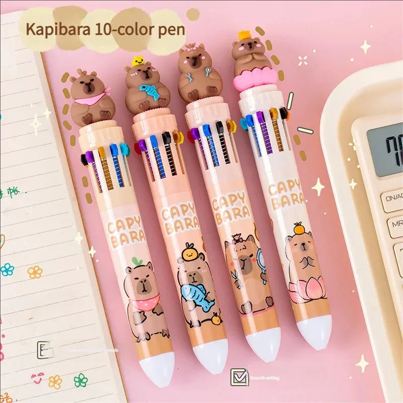 10-Color Kawaii Capybara Multifunctional Gel Pen 0.5mm Fine Tip Cute Cartoon Brown Pen for Office School Student Stationery