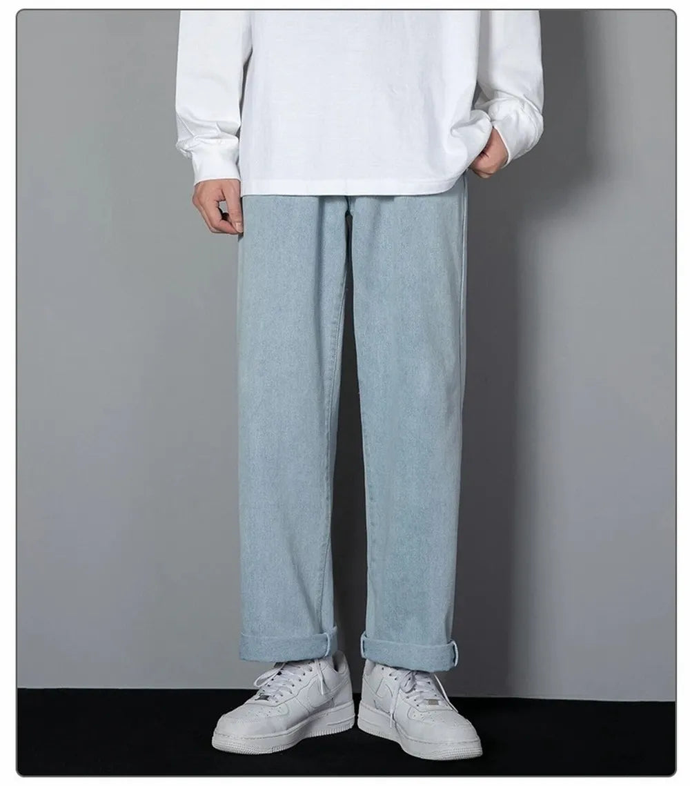 Korean Solid Colors Men's Casual Long Jeans Classic Man Four Seasons Straight Denim Wide-leg Pants Light Blue Grey Black 3XL
