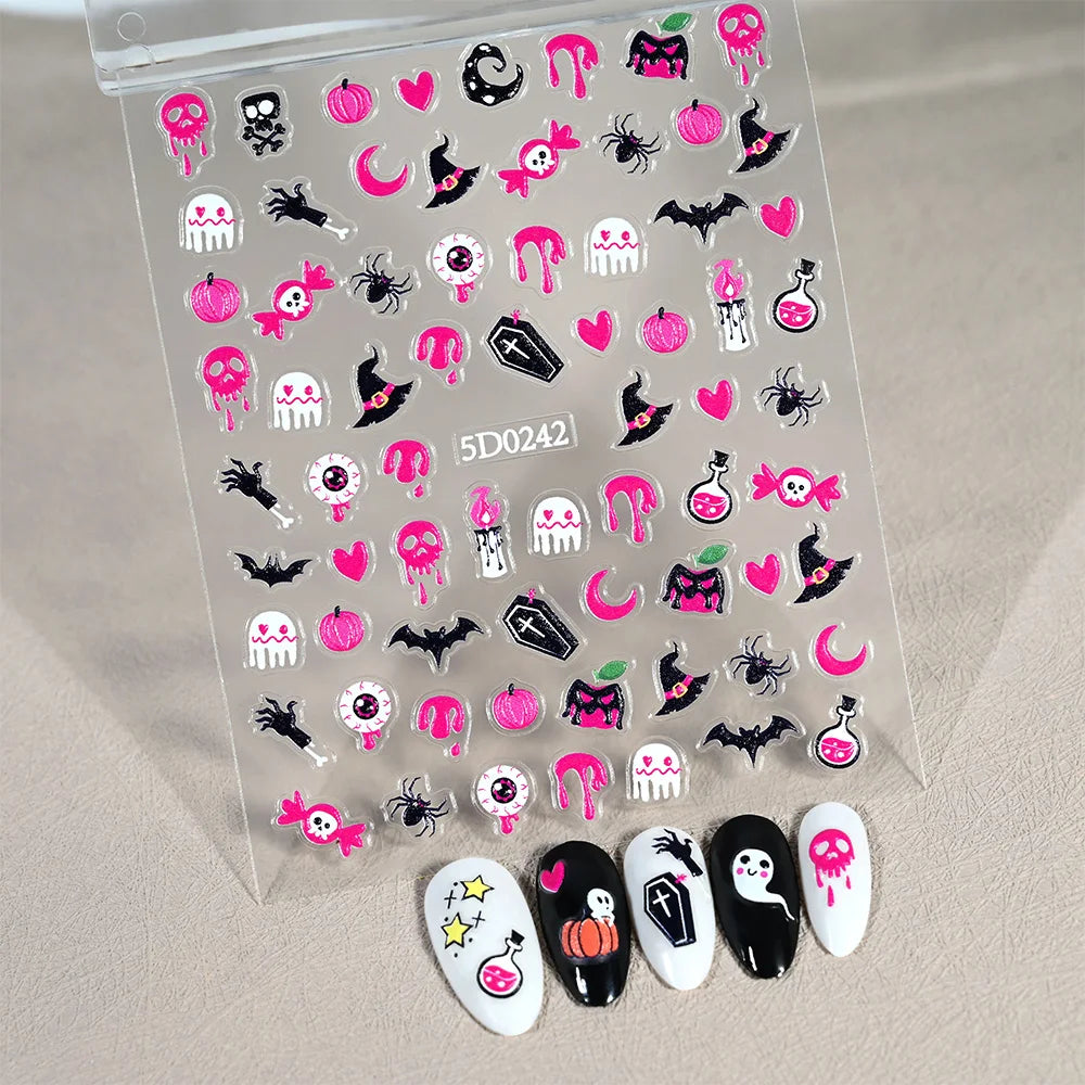 1sheet 5D Halloween Nail Stickers Pink/Green/Black Cartoon Pattern Nail Art Slider DIY For Sweet Cool Girl Cute Nail Decoration