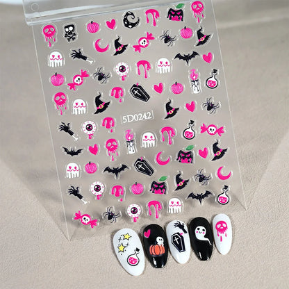 1sheet 5D Halloween Nail Stickers Pink/Green/Black Cartoon Pattern Nail Art Slider DIY For Sweet Cool Girl Cute Nail Decoration