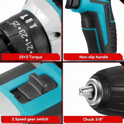 ONEVAN 25+3 Torque Electric Drill Portable Cordless Impact drill Furniture Wood Power Screwdriver Tools For Makita Battery Pin