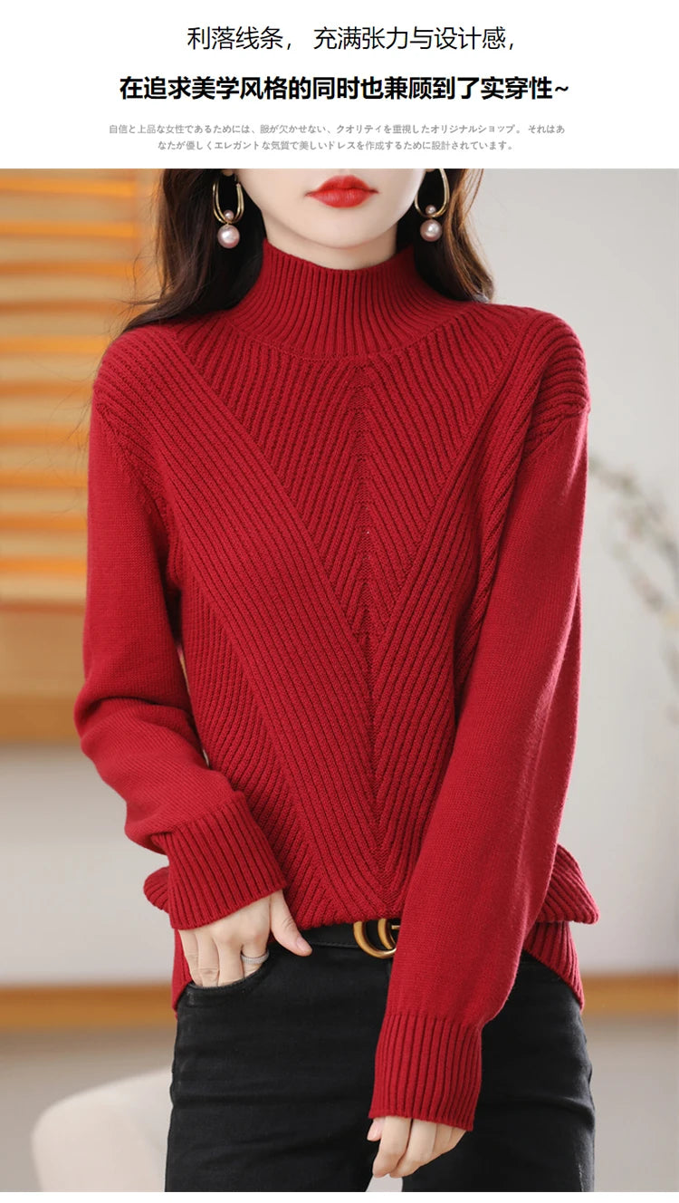 Women 100% Cotton Knit Sweater Half-high Collar Stripe Pullover Autumn Winter Thickened Bottoming Clothing Casual Knitted Tops
