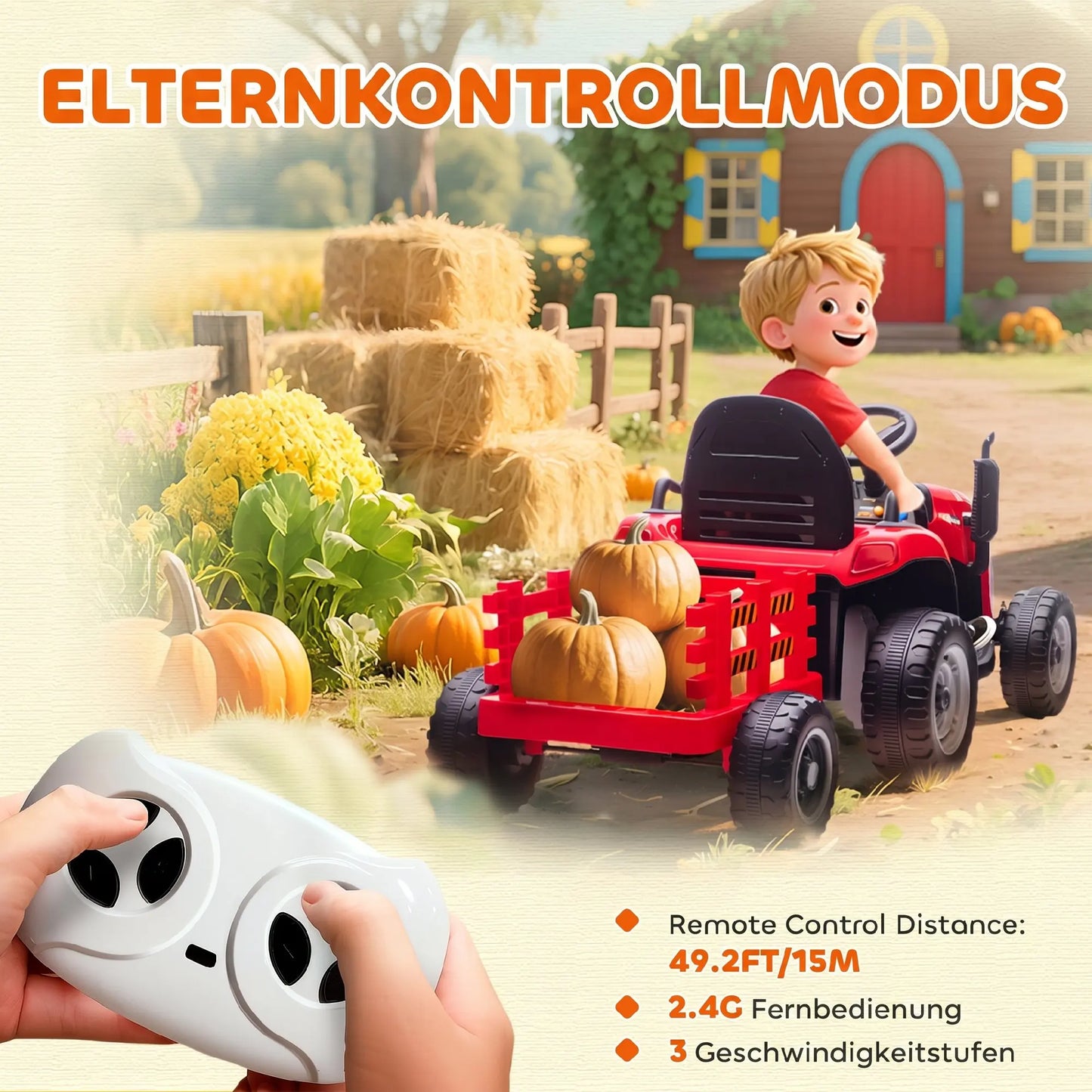Electric tractor for children, ride-on tractor, with remote control, gradual start, suitable for children aged 3 to 8, red, toy car for children, ride-on tractor, electric toy car for children