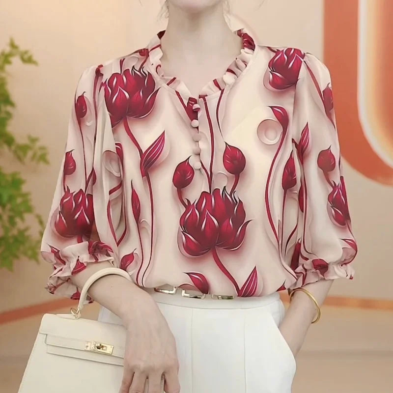 Autumn New Style Fashionable Mom Chiffon Shirt with Western Style Loose and Slimming Age Reducing Seven Cent Sleeve Women