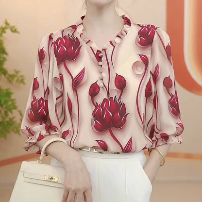 Autumn New Style Fashionable Mom Chiffon Shirt with Western Style Loose and Slimming Age Reducing Seven Cent Sleeve Women