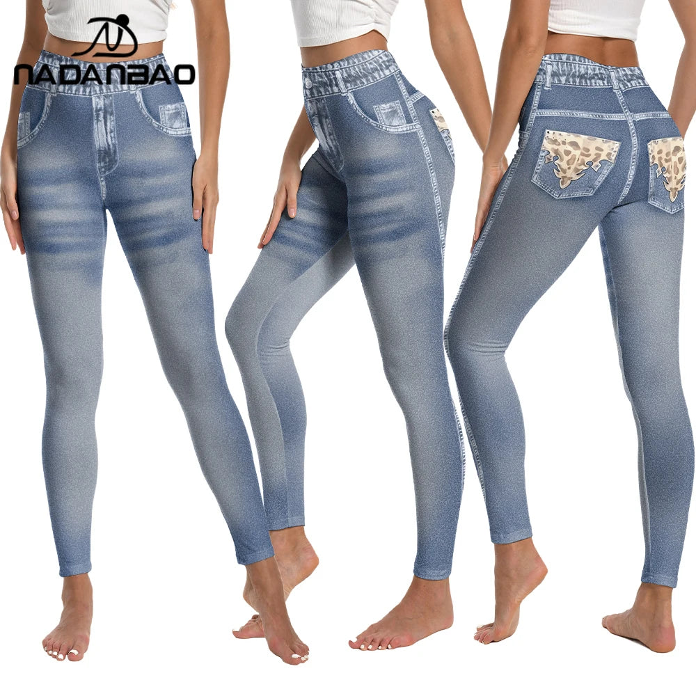 Nadanbao 3D Jeans Print Leggings Women Blue Grey Denim Pattern Pants Soft Slim Tights Sports Fitness Trousers Casual Streetwear