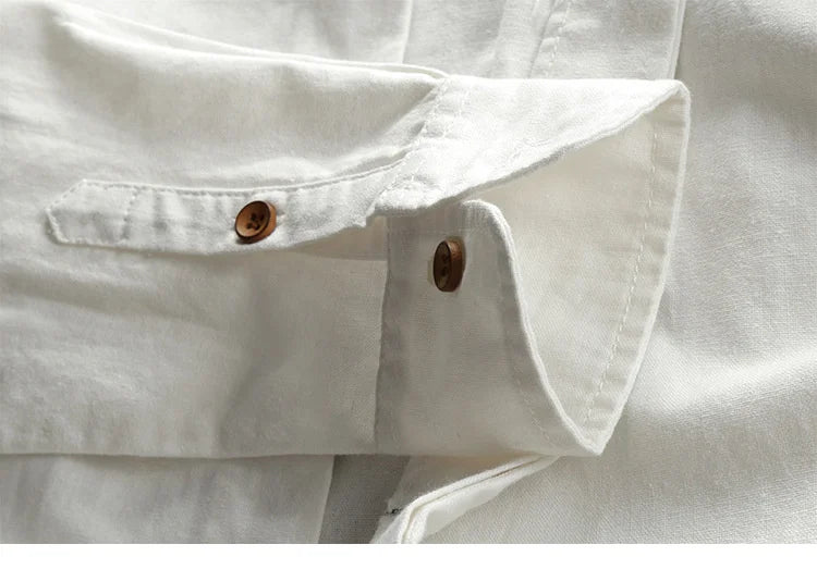 Japan Style Mens Linen Cotton Shirt Harajuku Stand Collar Long Sleeve Slim Fit Solid Color Male Casual Breathable Classical Tops