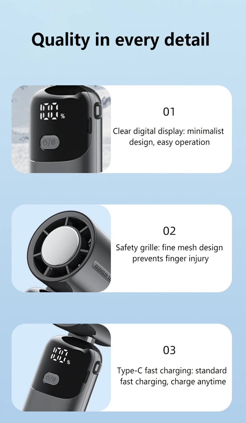 Lenovo Portable Fan Handheld Cooling Fan 100 Levels Foldable Rechargeable Strong Wind Air Cooler Digital Display Long Battery