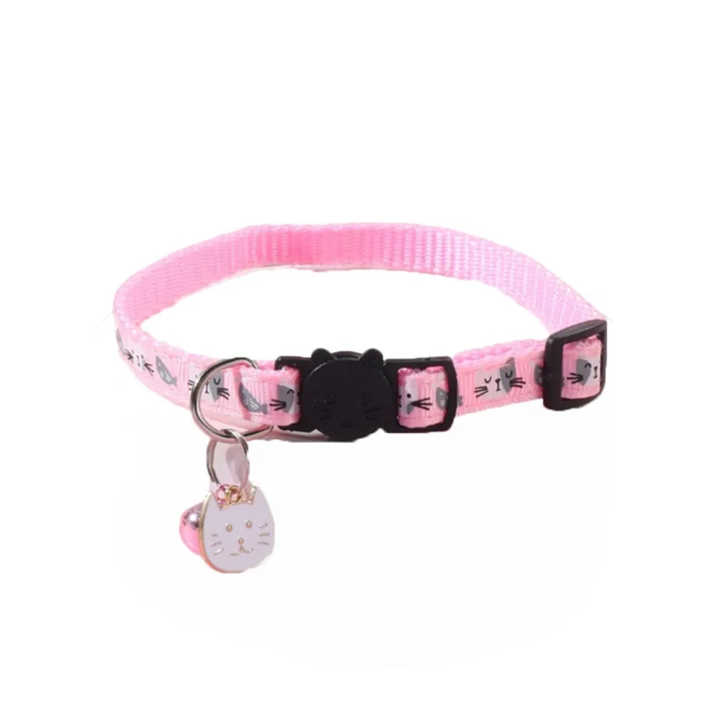 Adjustable Pet Cat Collar Quick Release Safety Buckle Anti-lost Cat Necklace Cat Pattern with Cat Face Pendant Bell