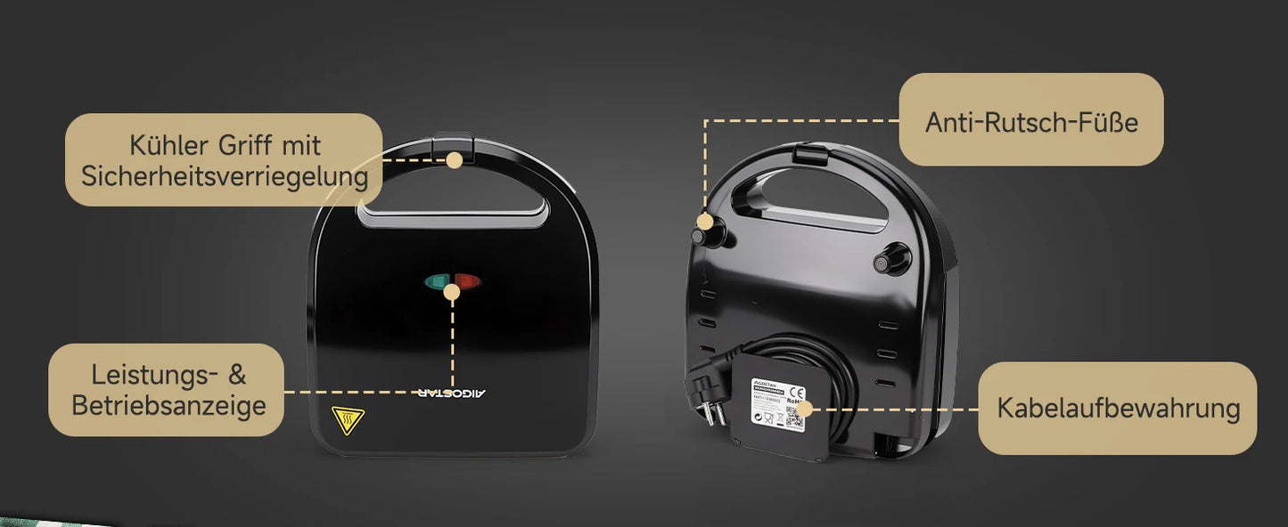 Aigostar 750W Sandwich Maker/Grill/Waffle 3 in 1. Compact Size with Automatic Thermostatic System, Non-Stick and Removable Plate
