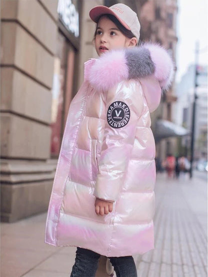 Winter Girls Shiny Hooded Down Jacket Fur Collar Windproof Coat Teenage Outerwear Kids Parka Snowsuit Clothing New 5-14 Years