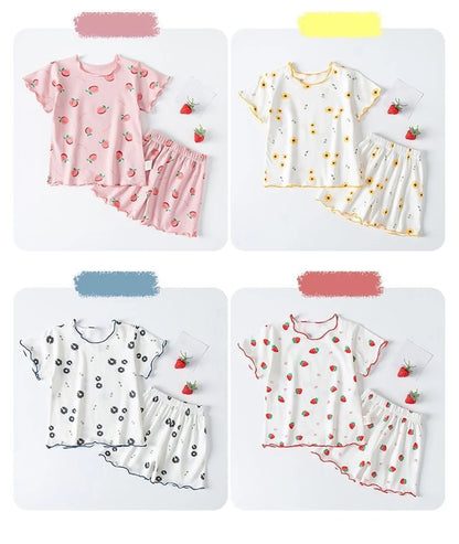 Baby Girl Strawberry Pajamas Set Summer Short Sleeve Thin Two Piece Toddler Kids Sleepwear Infant Home Wear Clothes