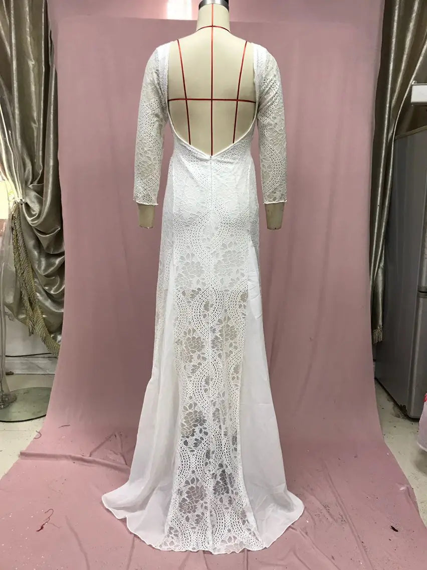 Foreign Style Evening Dress Woman's Sexy Lace Patchwork Backless Wedding Dresses Ladies Elegant Long Sleeves Party Prom Vestidos