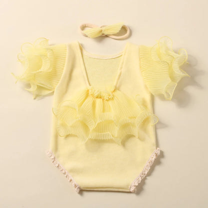 Ylsteed 2 Pieces Set Beige Newborn Photography Costume Lace Romper Bow Headband Set Baby Girl Photo Shooting Outfits