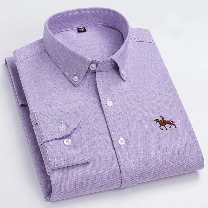 Basic Oxford Dress Shirt For Men Long Sleeve 100% Pure Cotton Solid  Casual Plaid Striped Social Business Male Regular-Fit S-6XL