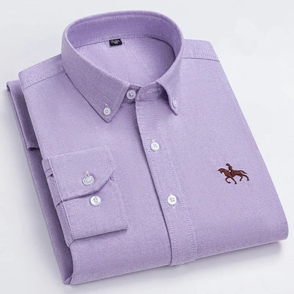 Basic Oxford Dress Shirt For Men Long Sleeve 100% Pure Cotton Solid  Casual Plaid Striped Social Business Male Regular-Fit S-6XL