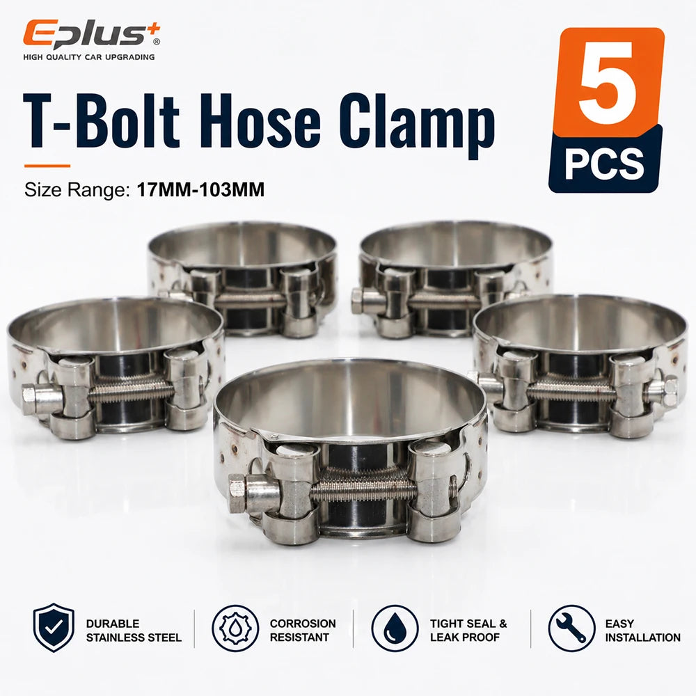 5PCS Stainless Steel European Heavy Duty Hose Clamp Universal T-Bolt Clamp 17-103mm Adjustable for Car Moto & Industrial Pipes