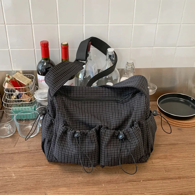 Korean Nylon Shoulder Bag Fashion Simple Plaid Zipper Tote Bag Drawstring Pleated Cloud Bag New Commuter Crossbody Shoulder Bag