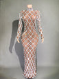Sparkly Silver Big Rhinestone Transparent Long Dress Evening Birthday Celebrate Luxurious Costume Dancer Flashing Dress