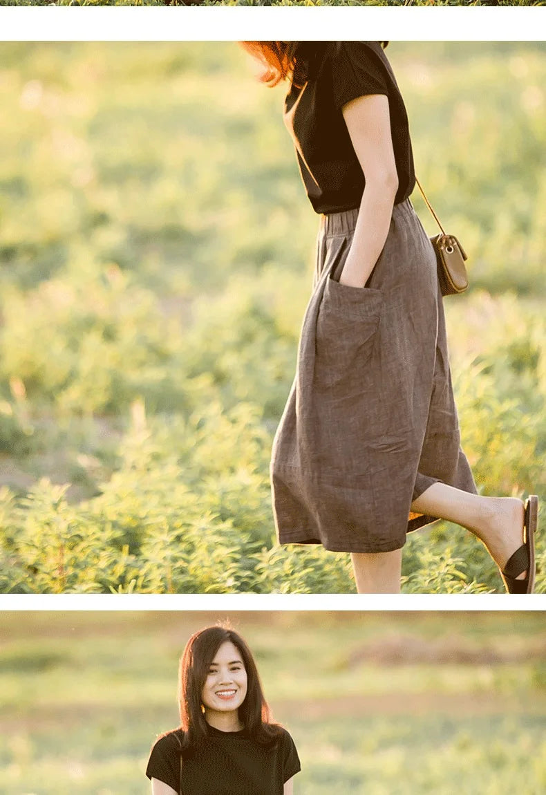 New Cotton and Hemp Half Length Skirt for Women in Summer, A-line Medium Length Skirt, High Waist, Loose Elastic Waist Skirt