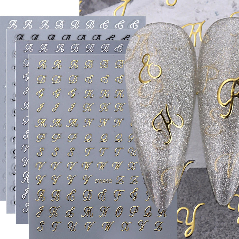 4pcs Roman Letter Nail Stickers Golden Silver Black White Alphabet Design Self Adhesive Decal English Words DIY Manicure Decor