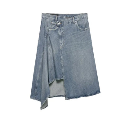 Women'sAsymmetric Denim Skirt New Spring Casual Mid Waist Pocket Women Lace Skirts Fashion Female Chic Skirts