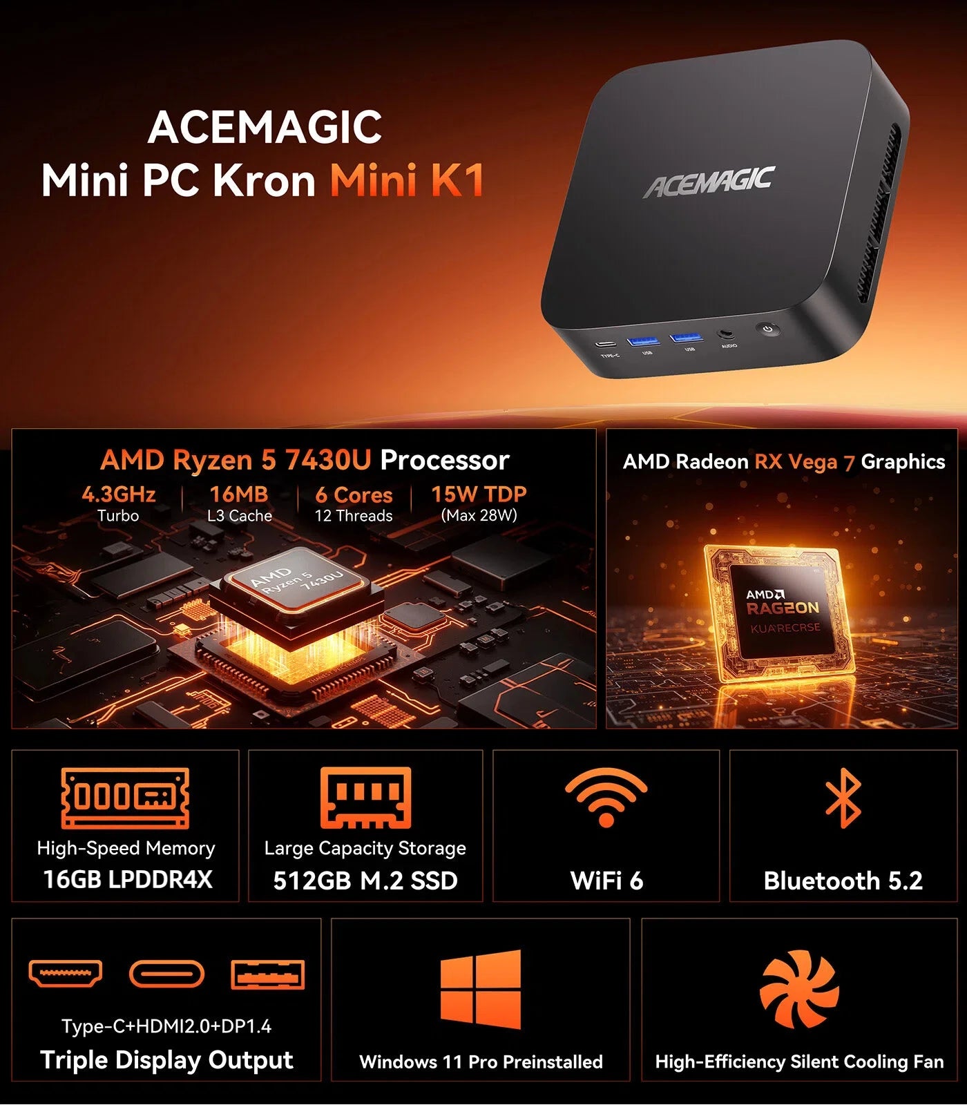 ACEMAGIC AMD Ryzen 5 7430U Mini PC 16GB LPDDR4X RAM 512GB SSD Windows 11 Pro Small Form Factor Computer WiFi 6 Triple Display PC