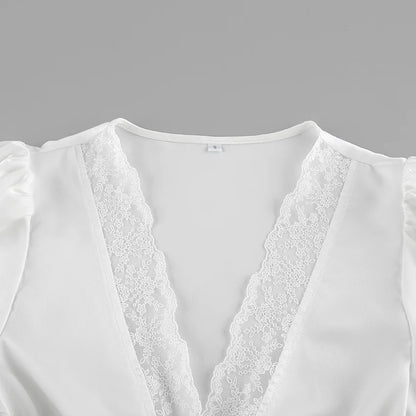 Elegant Satin Lace Patchwork Skirt Two-piece Set V Neck Short Sleeve Lace Up Tops Mini Skirts Suit 2026 New Party Daily Outfits