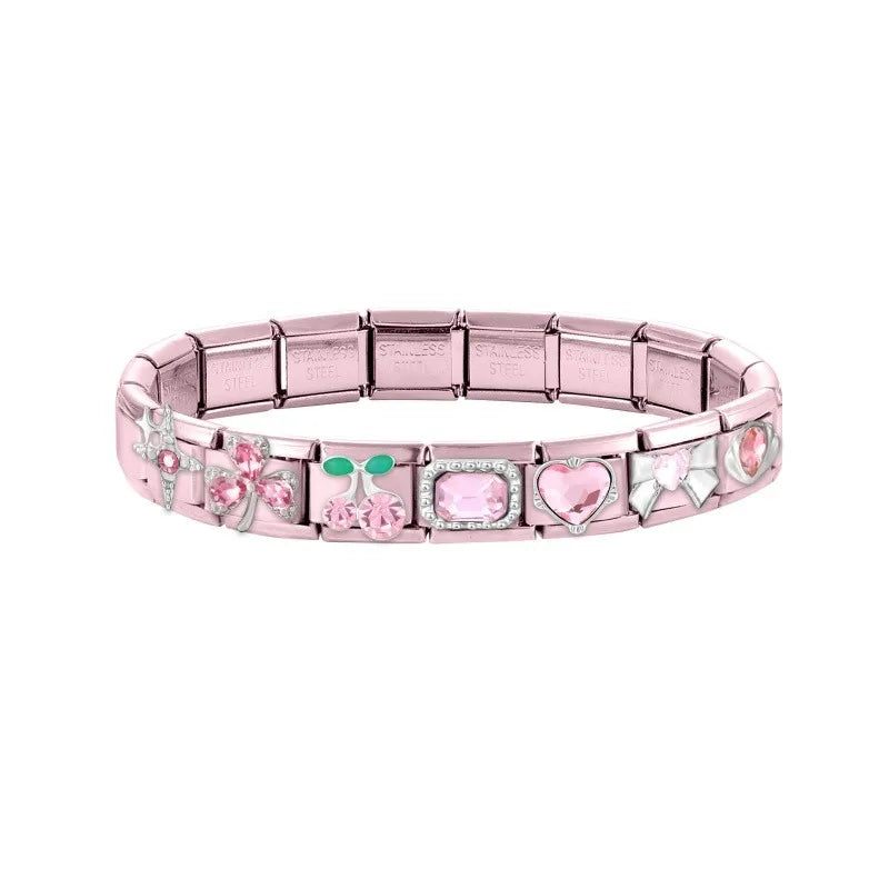 2025 New Women Romantic Pink Cherry Heart Shiny CZ Italian Charm Links Fit 9mm Bracelet Stainless Steel DIY Making Jewelry Gifts