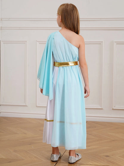 Halloween Virgin Mary Costume for Kids Girls Fancy Greek Princess Cosplay Long Sleeve Ruffle Dress with Chiffon Cape Theme Party