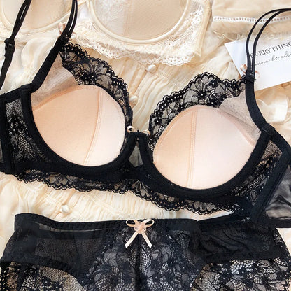 New Women Lingerie Set Sexy Lace Push Up Bra French 3/4 Thin Cup Bralette Cute Bow Decoration Underwear Comfort Bras Briefs Sets