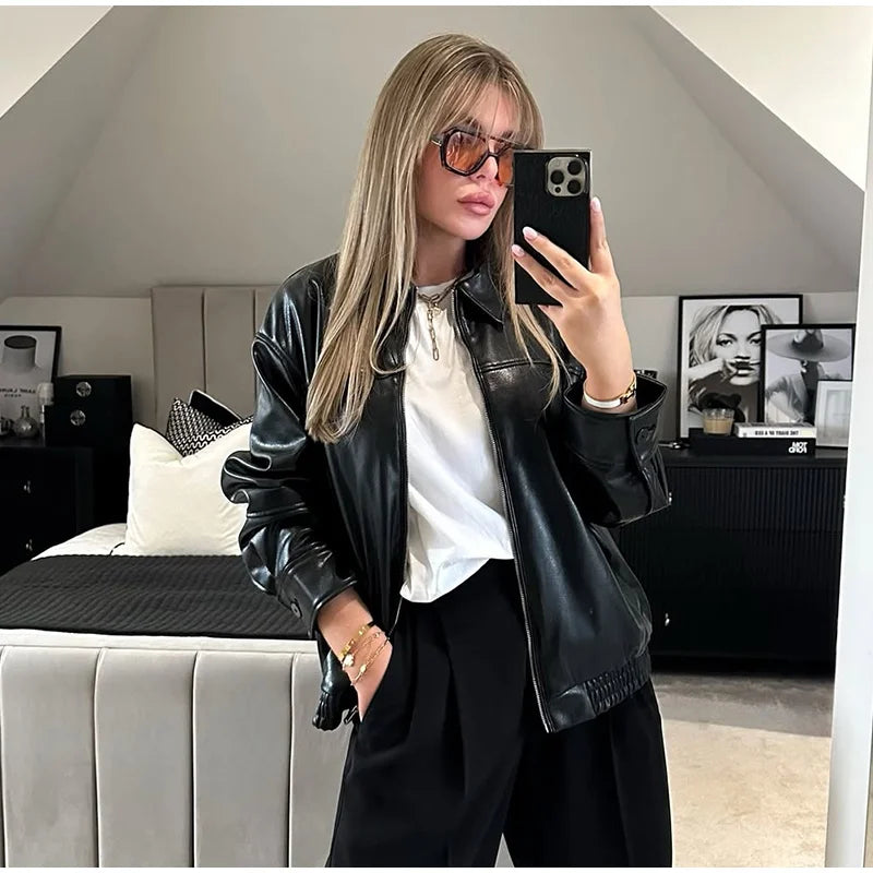 Street Women's Belt Leather Jackets Loose Lapel Zipper Long Sleeve Pockets Female Coats 2026 Autumn Lady Fashion Y2k Outwear