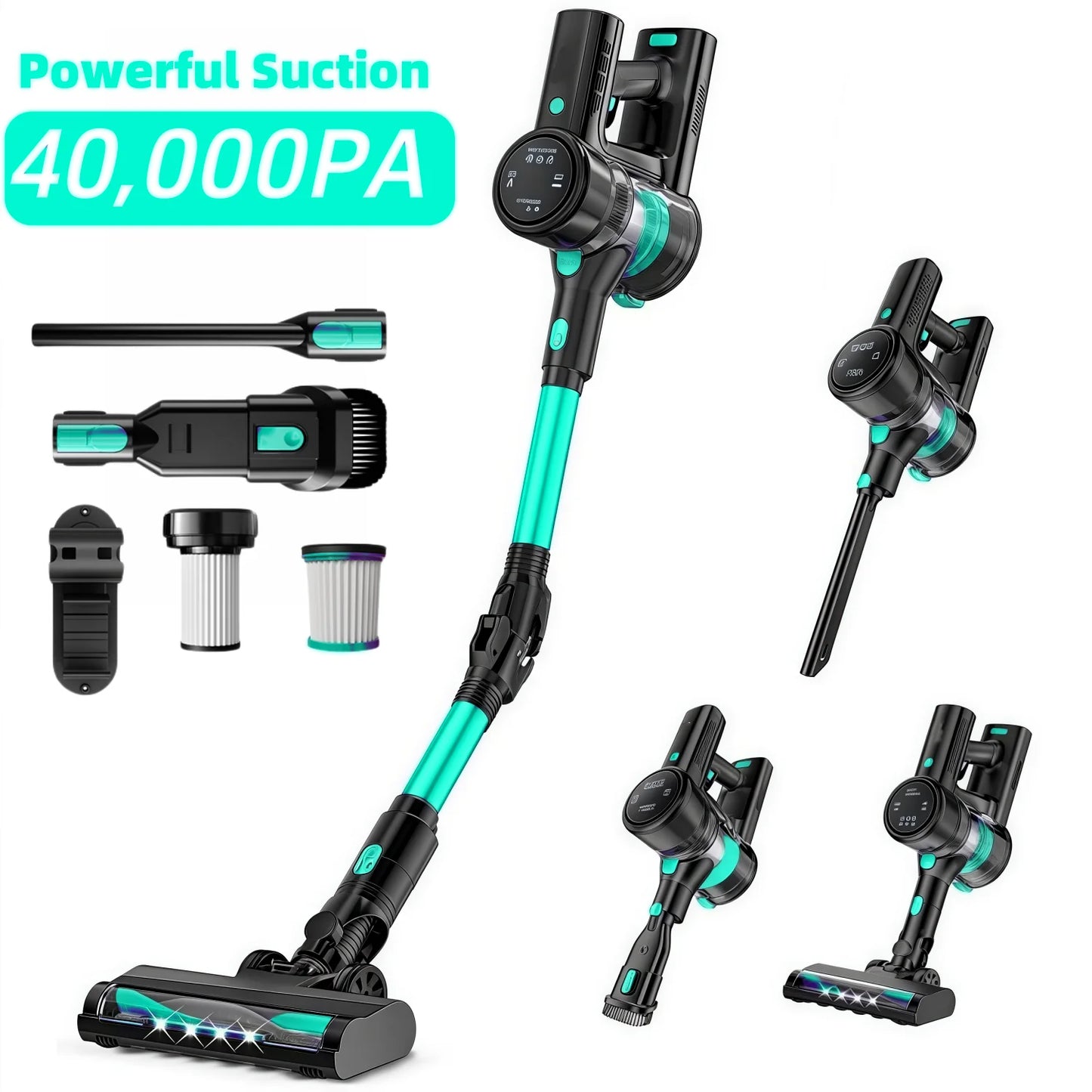 Cordless Vacuum Cleaner, 40KPa/50Mins/3 Modes, Cordless Stick Vacuum with LED Display & Foldable Lightweight Design, Rechargeable Handle Cleaners for Home, Pet Hair, Carpet, Hard Floor