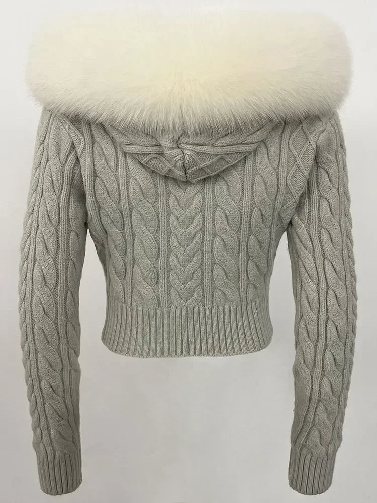 Fashion Natural Fox Fur Collar with Knitted Sweater Women Casual Sweater 2025 New Spring Autumn Slim Fit Elastic Oversized Coat