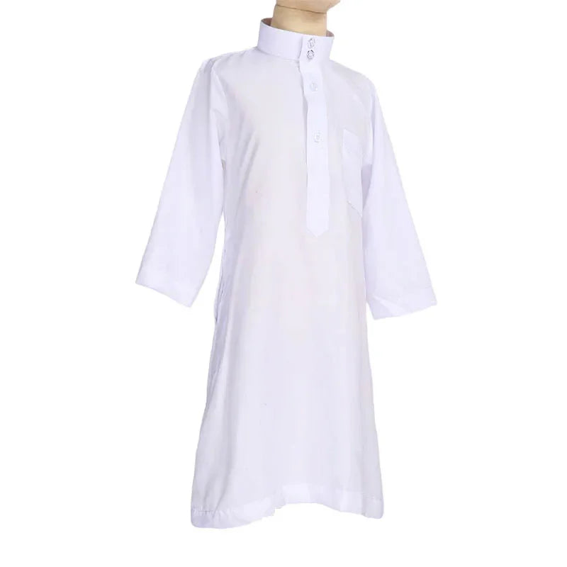 New Islamic Kaftan Children Jubba Thobe Muslim Boys Abaya Kids Burqas White Arab Stand Collar Long Sleeved Robe Muslim Fashion