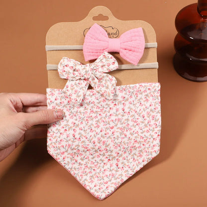 3Pcs/Set Muslin Cotton Print Bib Newborn Bows Headband Triangle Saliva Towel Infant Boy Girl Feeding Burp Baby Hair Accessories