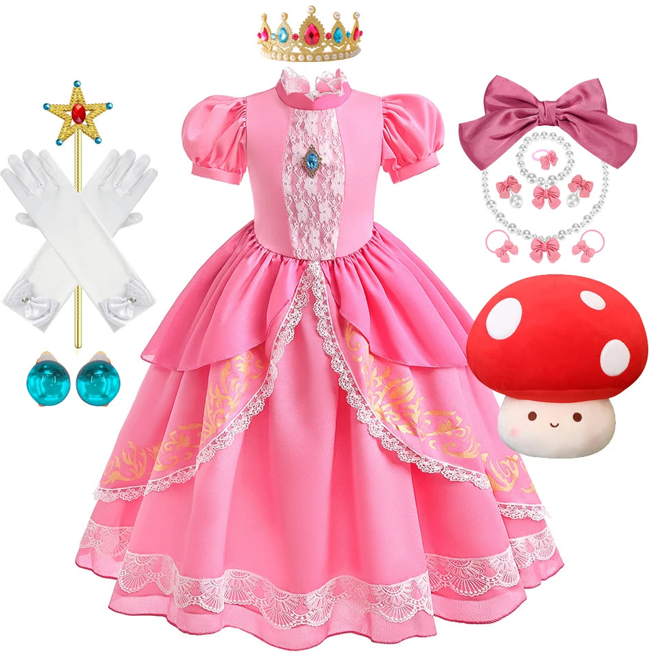 Peach Princess Costume with LED Color Light Toddler Birthday Game Role Play Dress Girl Halloween Festival Gown Pink Lace 4-8 Y