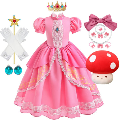 Peach Princess Costume with LED Color Light Toddler Birthday Game Role Play Dress Girl Halloween Festival Gown Pink Lace 4-8 Y