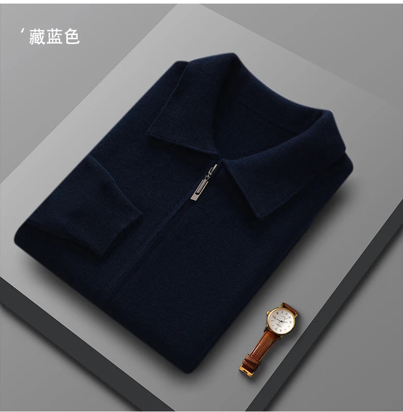 Men's 100% Merino Wool Thickened Sweater Polo Collar Business Zippered Cardigan Autumn Winter New Cashmere Jacket Knitted Top