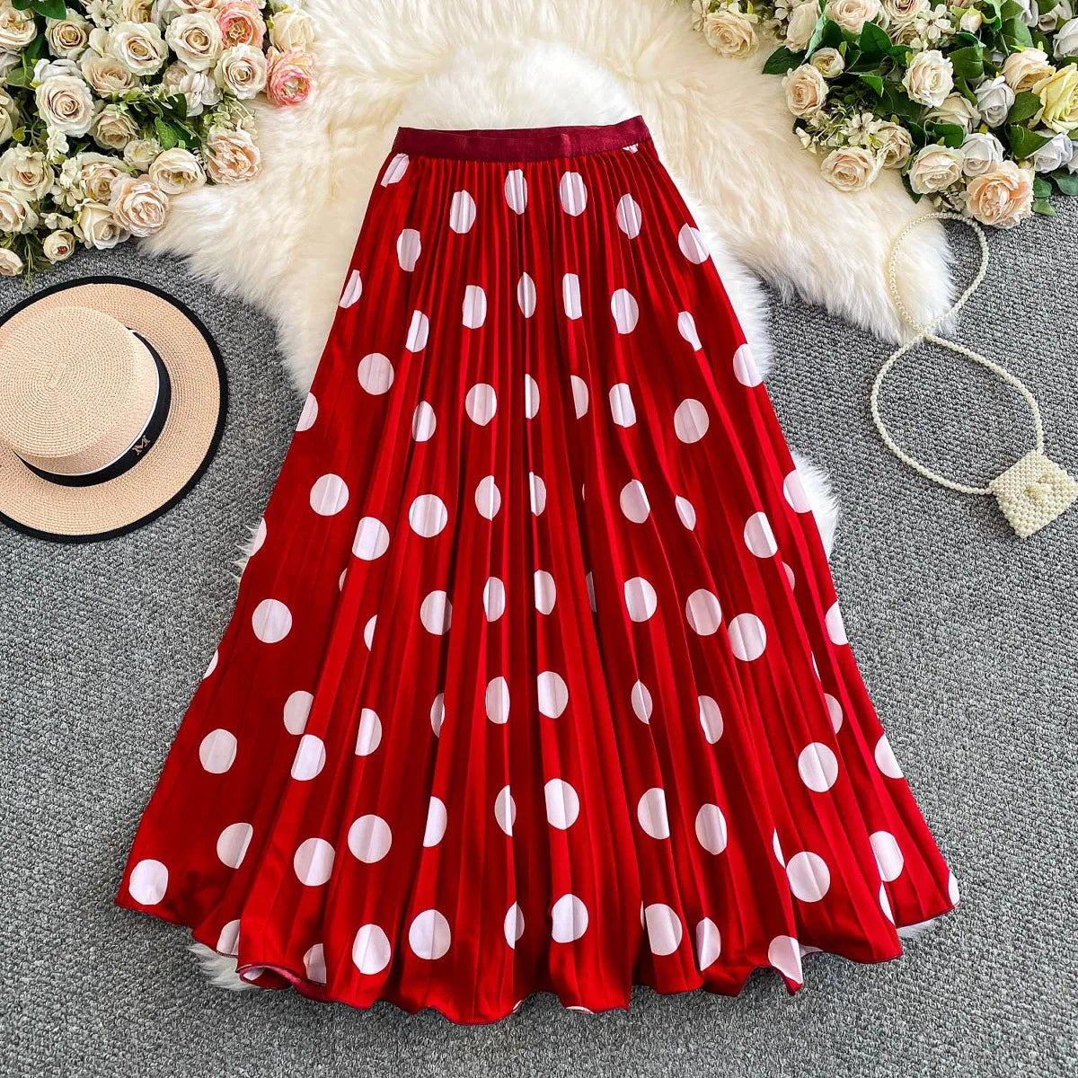 2026 Pleated Skirt Elastic Waist Polka Dot Fashion Printed Slim Pleated Skirt Women's Summer New Beach Vacation Mid-length Skirt