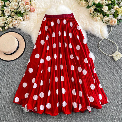 2026 Pleated Skirt Elastic Waist Polka Dot Fashion Printed Slim Pleated Skirt Women's Summer New Beach Vacation Mid-length Skirt